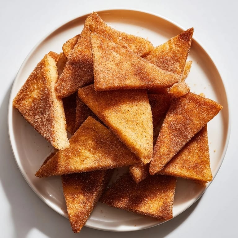 Golden-brown cinnamon sugar tortilla chips, air-fried to a perfect crisp, ideal for dipping in a sweet sauce.