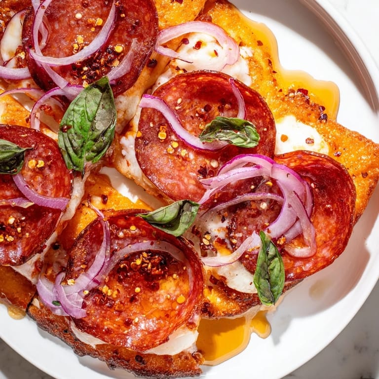 Close-up shot of the delicious Hot Honey Pepperoni Flatbread, dripping with sweet and spicy hot honey.