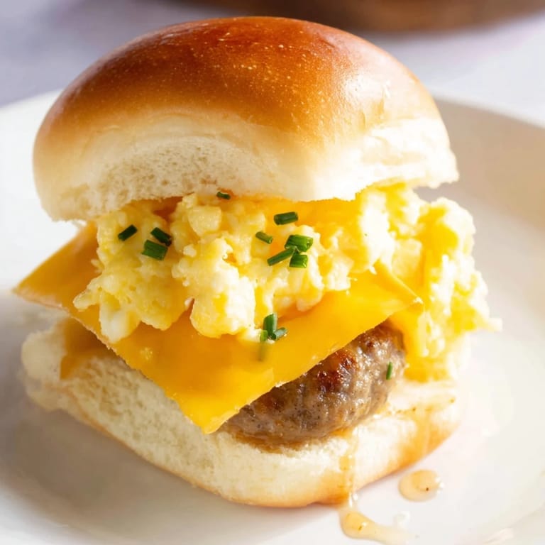 Fluffy scrambled eggs and savory sausage stuffed Mini Breakfast Sliders, ready for a warm bite.