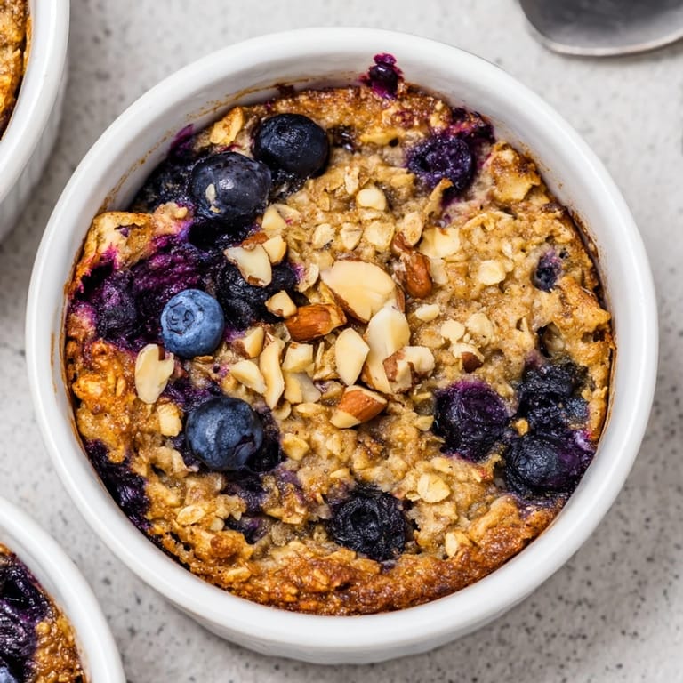 Freshly baked Blueberry Baked Oats with a sprinkle of nuts, inviting you to enjoy this cozy meal.