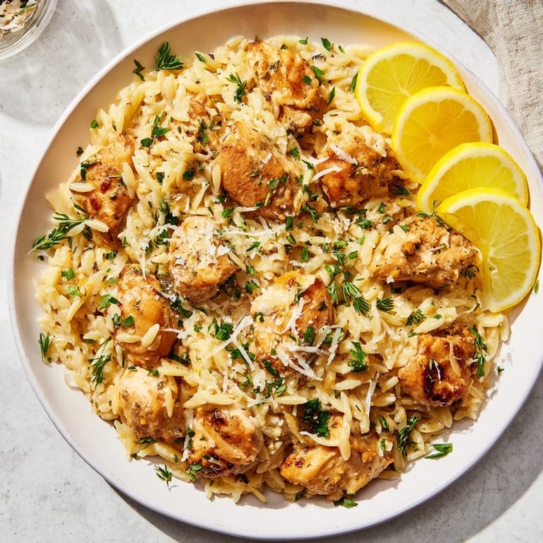 Garnish a plate of this creamy, delicious Creamy Lemon Chicken Orzo with fresh lemon slices, ready to enjoy.