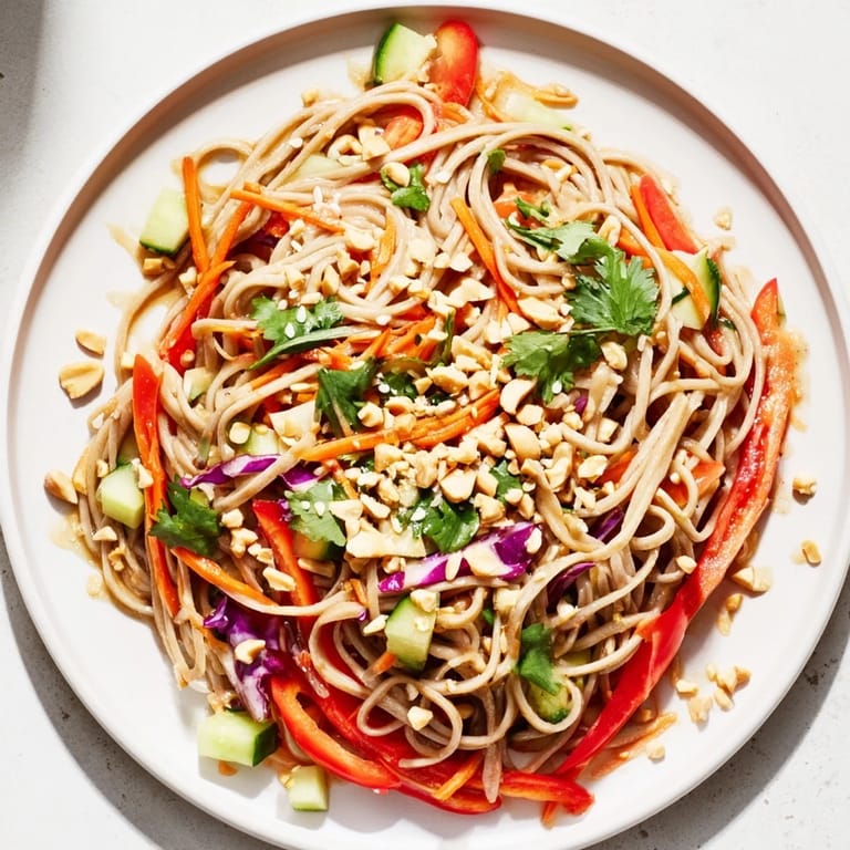 Close-up of a refreshing Cold Noodle Salad piled high and drizzled with a rich sesame-ginger sauce.