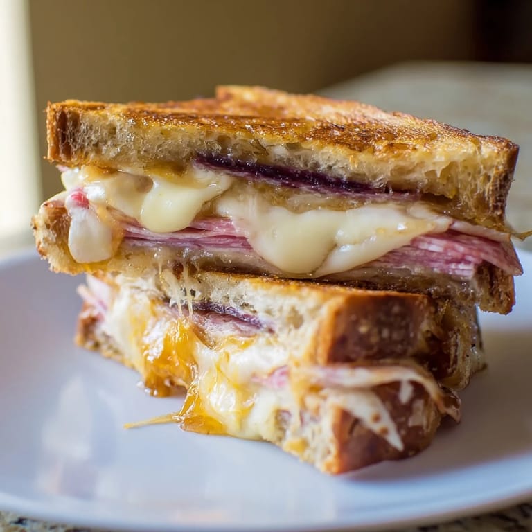 Close-up of a Charcuterie Grilled Cheese, showcasing perfectly browned bread and savory cured meats.