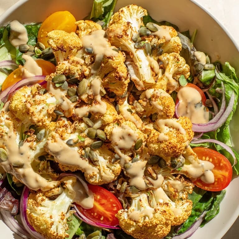 A close-up view of the Crispy Cauliflower Salad offers a creamy tahini drizzle over the crunchy cauliflower.
