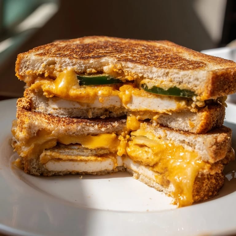 A perfectly grilled Spicy Crispy Tofu Grilled Cheese, offering a flavorful vegan comfort food experience.