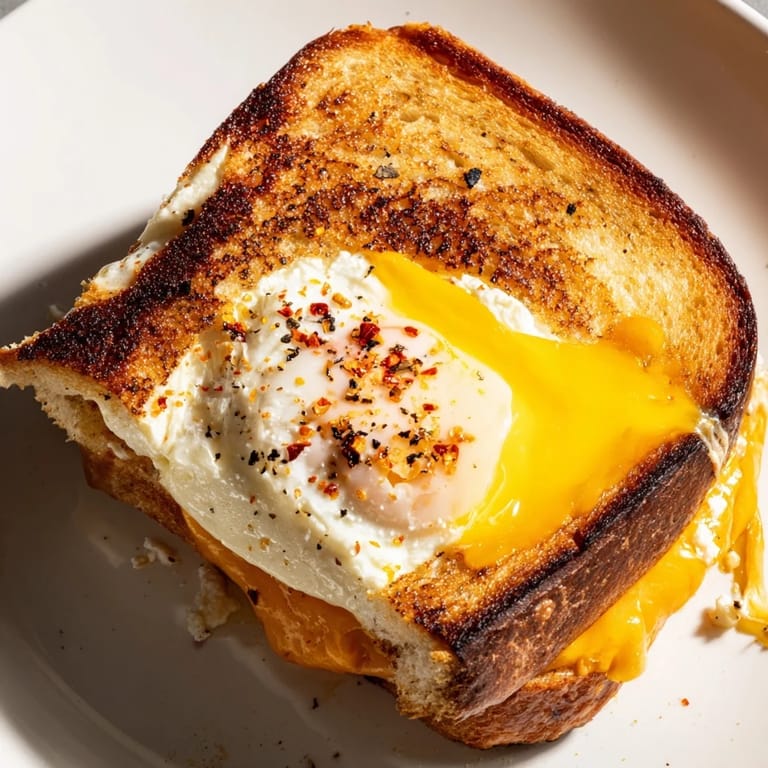 Cheesy, gooey feta fried eggs grilled cheese on a plate, ready to be sliced and enjoyed for lunch.