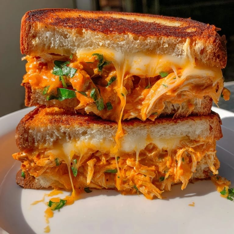 A close-up of a perfectly grilled Savory Butter Chicken Grilled Cheese, showing the rich filling and crusty bread.