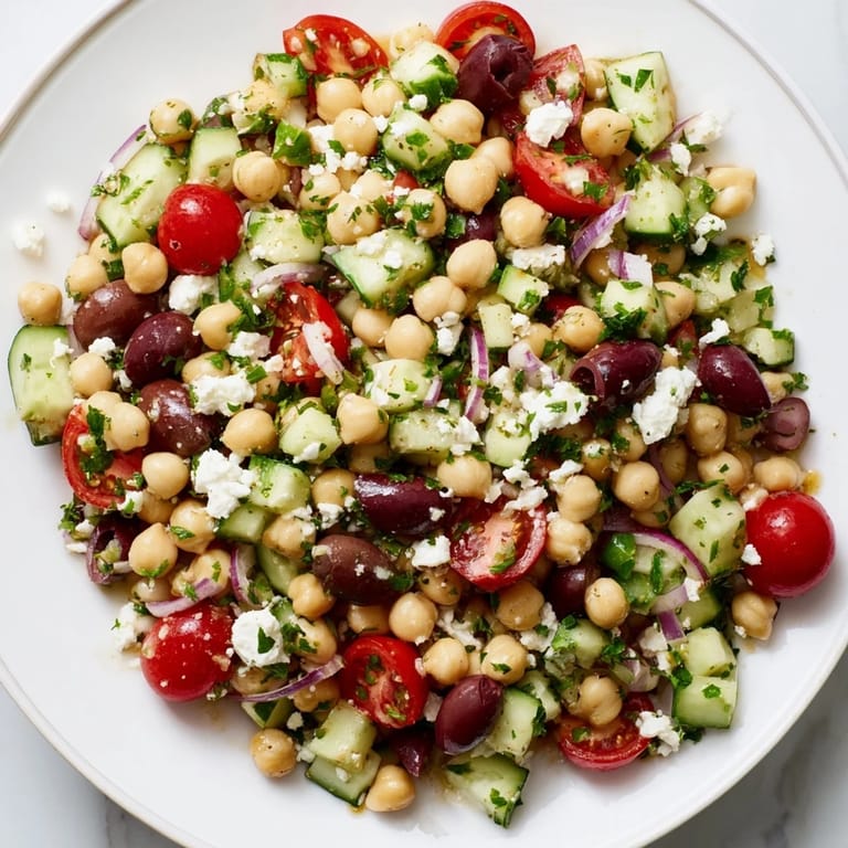 Freshly tossed Mediterranean Chickpea Salad, showcasing crisp cucumber, juicy tomatoes, and briny olives in a bowl.