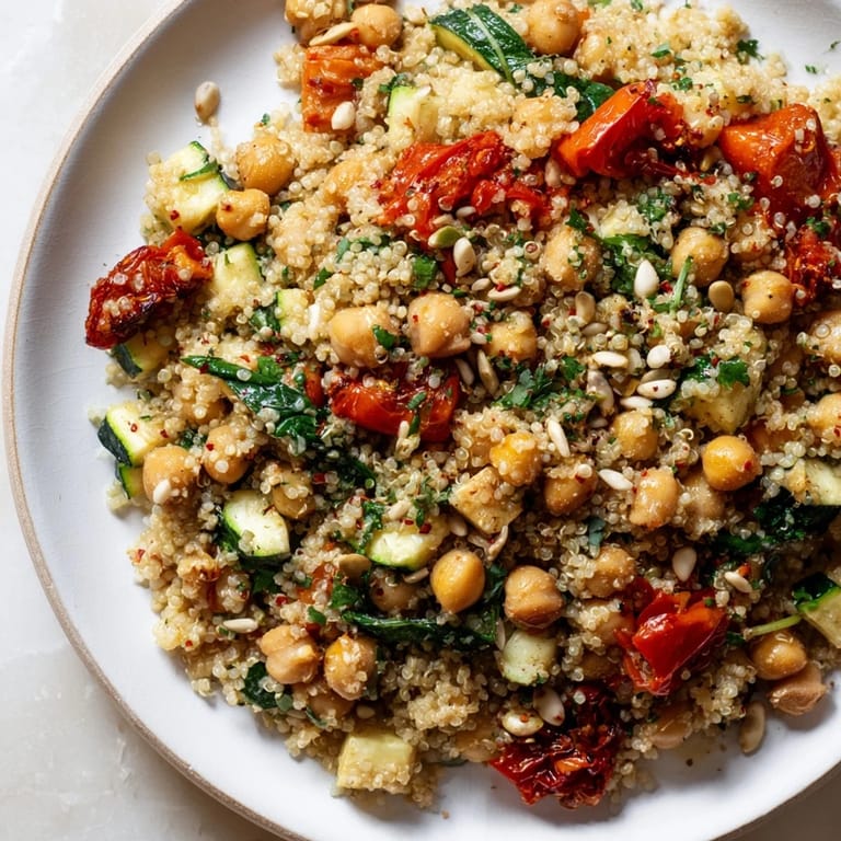 Close-up of a quinoa power protein salad overflowing with ingredients, ready to eat for lunch.