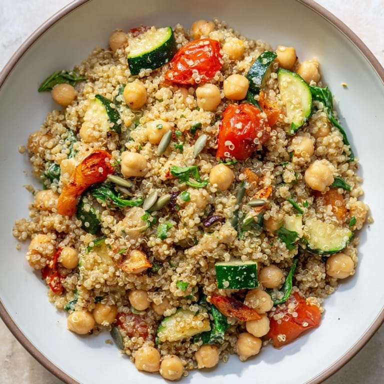 This vibrant quinoa power protein salad features a creamy dressing, making it a flavorful meal option.