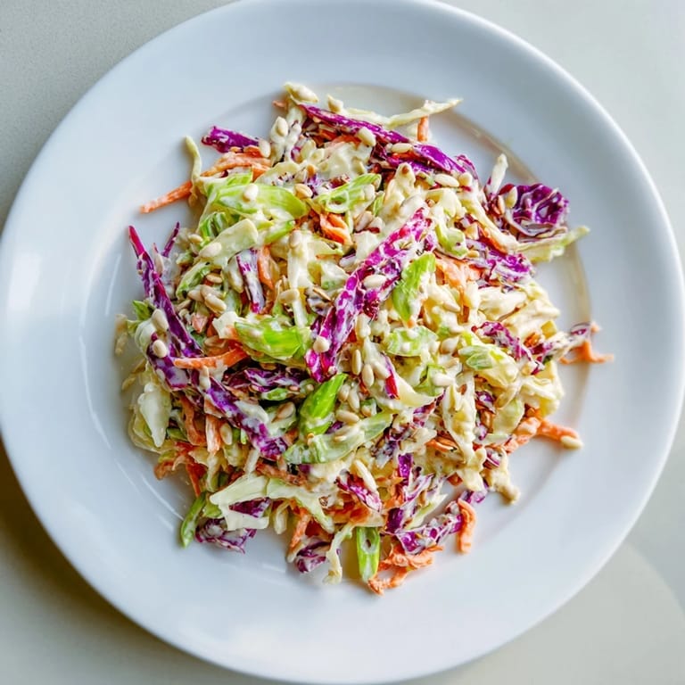 Creamy coleslaw salad, with sunflower seeds, offers a bright combination of textures and flavors.