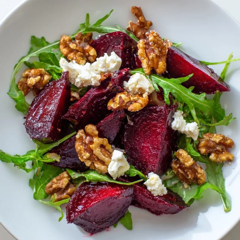 Close-up of a refreshing Roasted Beet Walnut Salad with candied walnuts and balsamic vinaigrette drizzle.