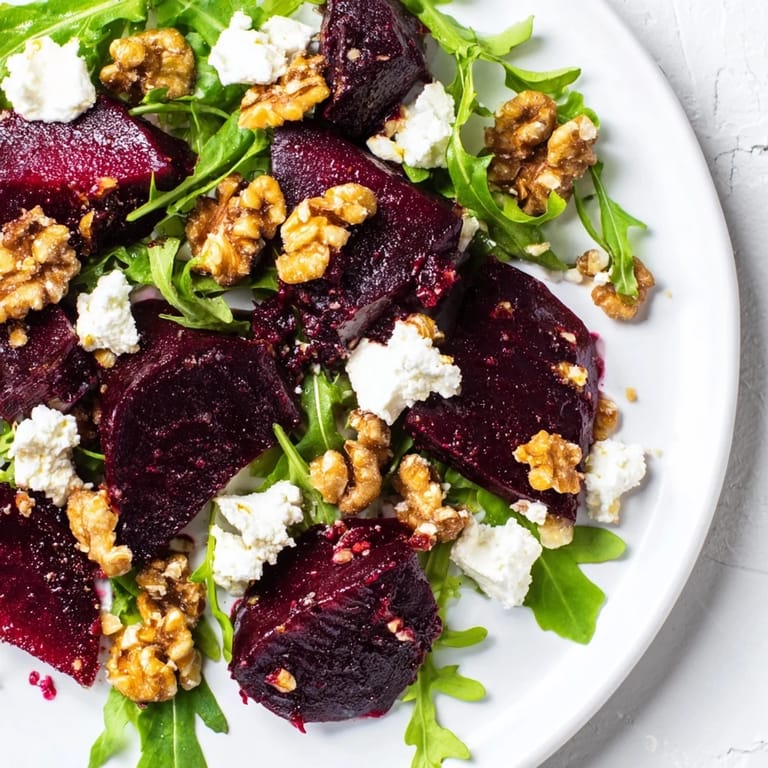 Sweet roasted beets and crunchy walnuts star in this delicious, gluten-free Roasted Beet Walnut Salad recipe.