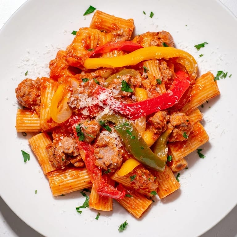 Enjoy the rich, aromatic flavors of delicious Sausage and Peppers Pasta, perfect for dinner.