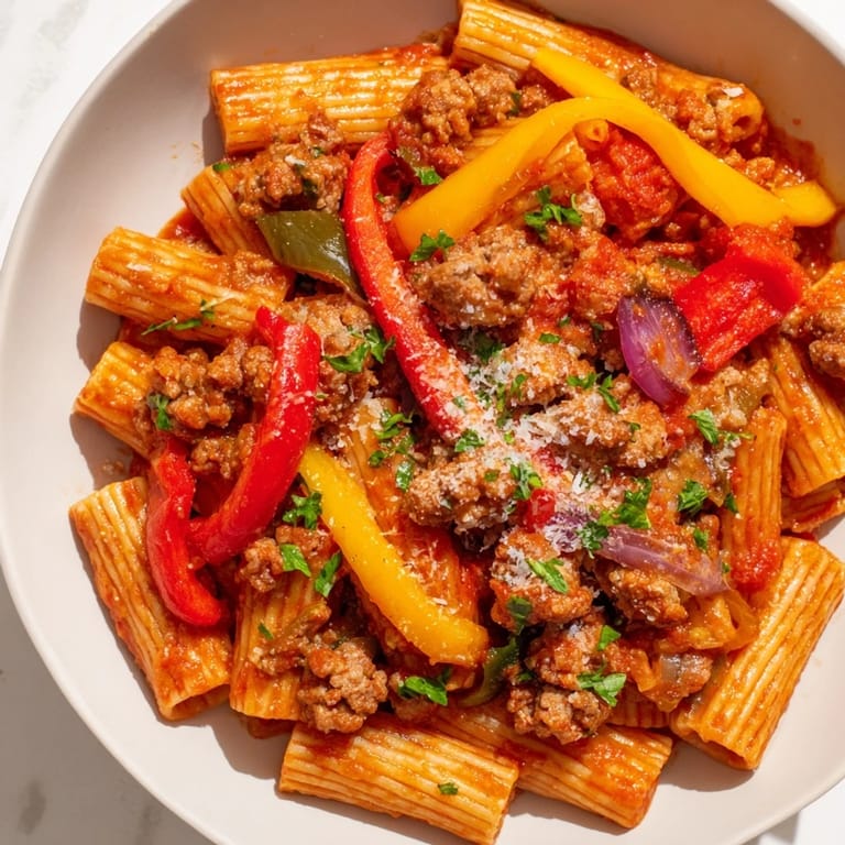 Close-up of hearty Sausage and Peppers Pasta, beautifully garnished with fresh parsley and Parmesan.