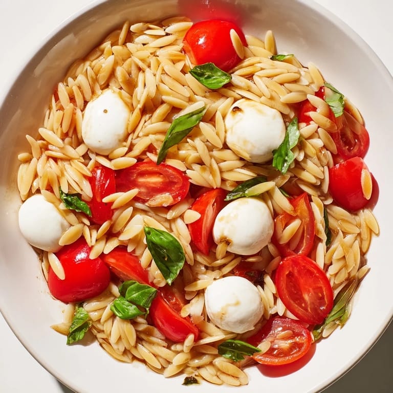 This appealing Caprese Orzo Salad shows off creamy mozzarella and basil in a light summer meal.