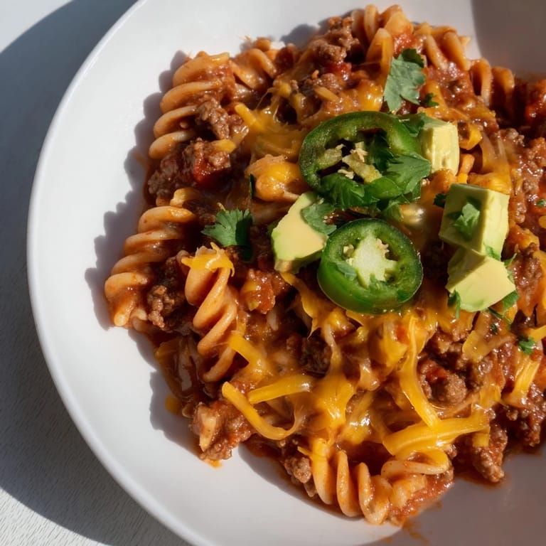 A close-up shot of a cheesy beef taco pasta skillet, garnished with fresh cilantro and avocado.