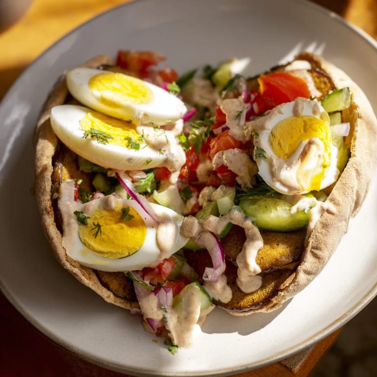 A close-up of a fully loaded Israeli Sabich, overflowing with colorful veggies and creamy tahini.