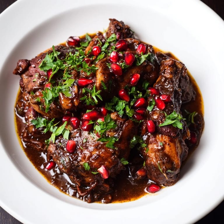Close-up of bubbling Iranian Fesenjan stew, thick and savory, with chunks of tender meat and walnuts.