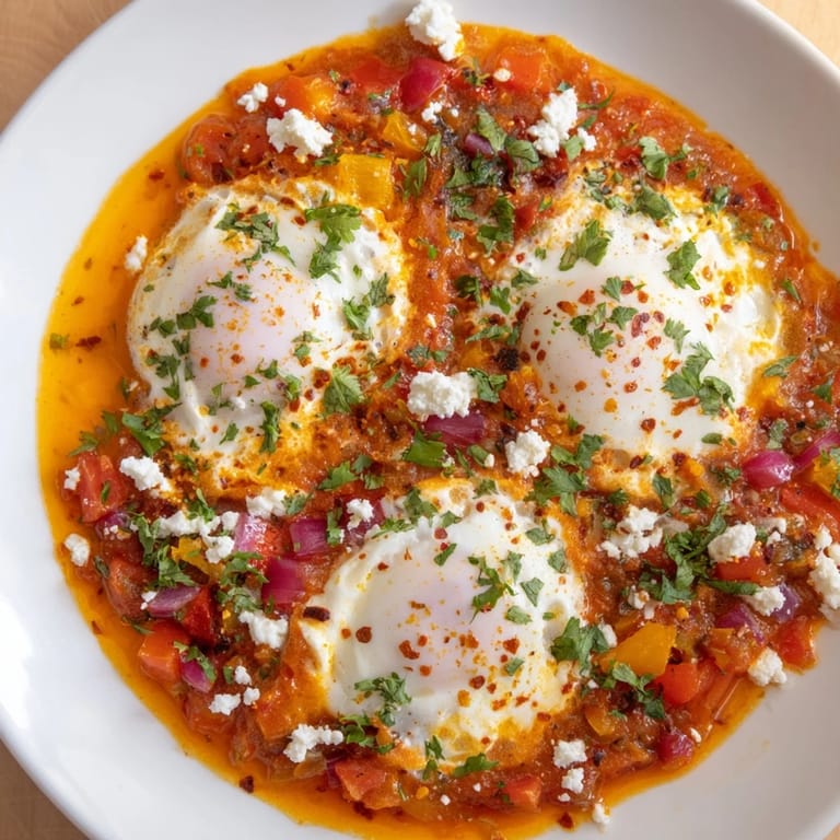 Vibrant Israeli Shakshuka Eggs, a vegetarian delight, ready to be served with fresh herbs and feta cheese.