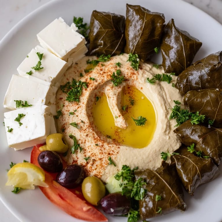 Savory and flavorful Turkish Meze Platter, picturing creamy hummus, warm pita, and tempting appetizers.