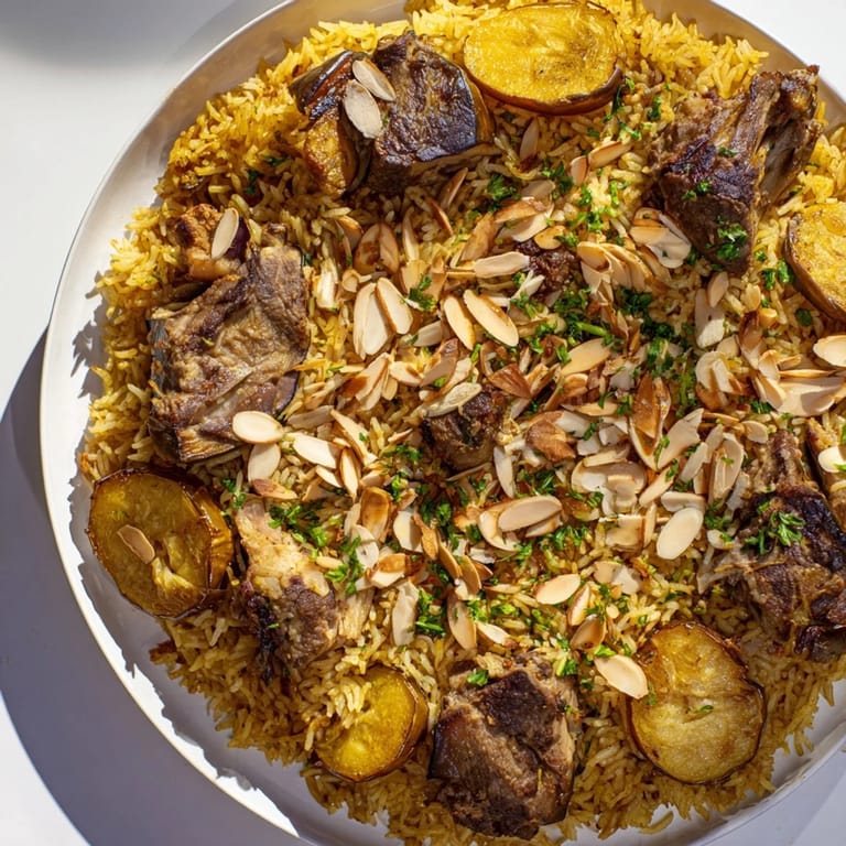 This stunning Maqluba, traditionally inverted and garnished, presents a satisfying Middle Eastern meal.