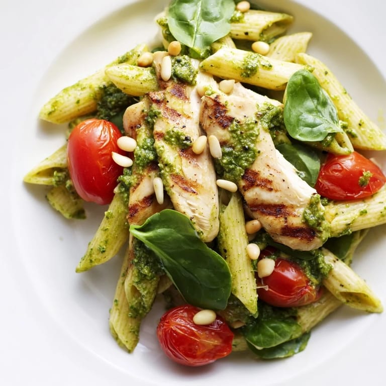 A steaming bowl of Pesto Chicken Pasta with al dente fusilli, juicy chicken, and cherry tomatoes, ready for a family-style dinner.