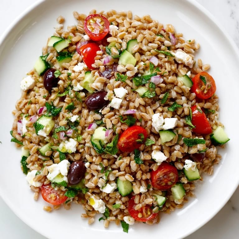 Bright, colorful ingredients like red onion and parsley are tossed with tender farro in this Mediterranean salad, finished with a tangy lemon dressing.