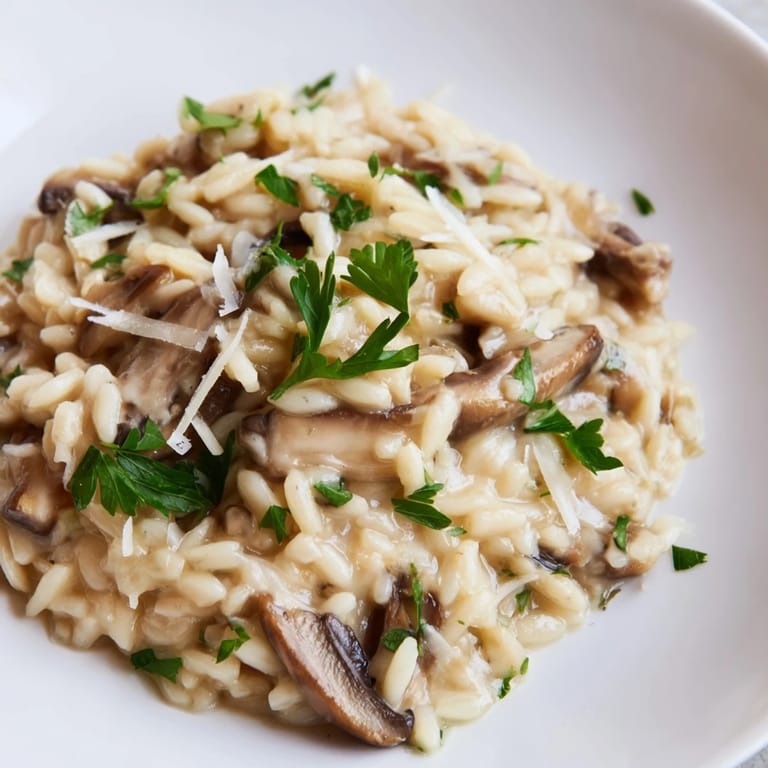 A skillet of Orzo Mushroom Risotto-Style with sautéed mushrooms and sweet green peas, served alongside a glass of chilled white wine.