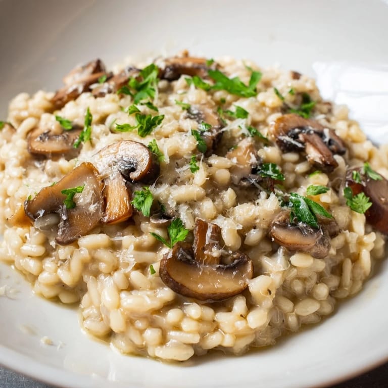 Close-up of Orzo Mushroom Risotto-Style, revealing tender orzo, golden-brown mushrooms, and a generous dusting of freshly grated Parmesan cheese.