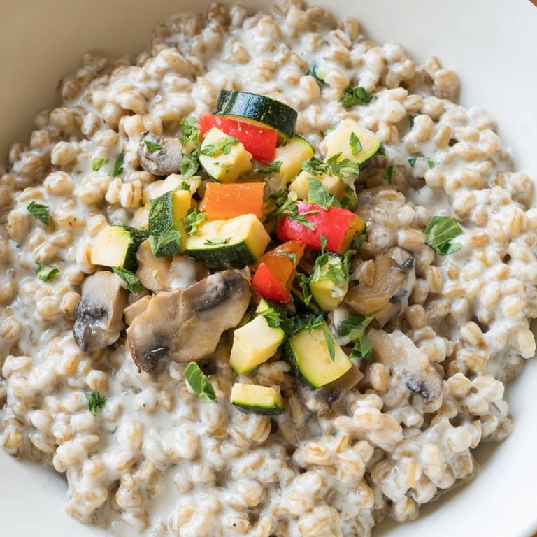 Pearled barley simmered in vegetable broth with cream, finished with golden roasted vegetables and fresh parsley garnish.