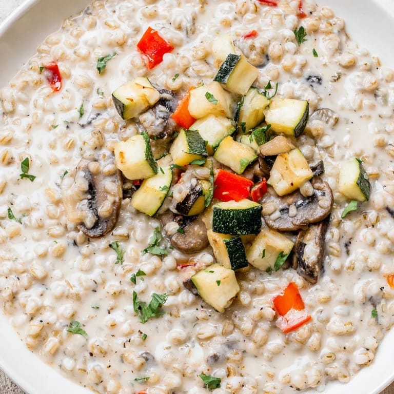 Hearty vegetarian pearled barley bowl with savory roasted mushrooms and herbs, served hot for an easy weeknight dinner.