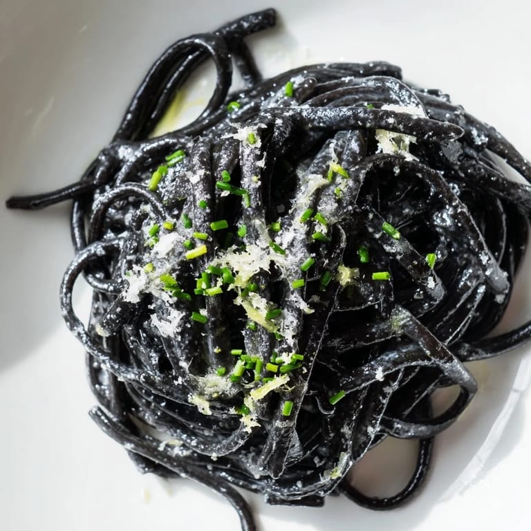 A plate of Squid Ink Pasta with silky cream sauce, served with lemon wedges.