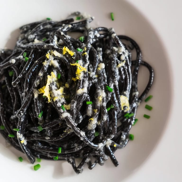 Freshly grated Parmigiano-Reggiano and chives garnish this creamy Squid Ink Pasta.
