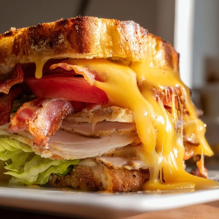 A close-up view of a hot Turkey Club Grilled Cheese sandwich, cut diagonally to reveal layers of savory turkey, bacon, and gooey melted cheese.