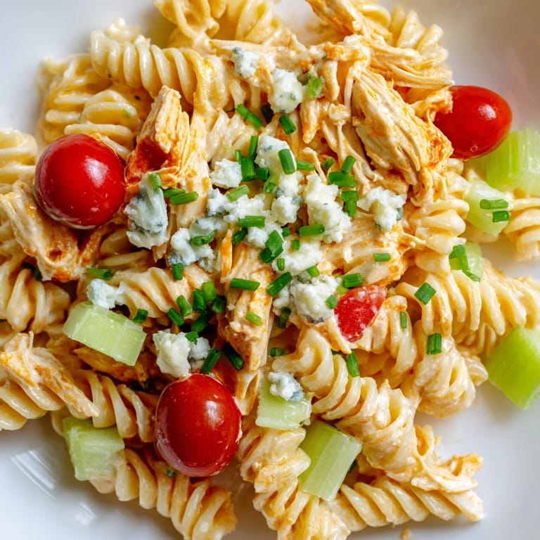 Zesty Buffalo Chicken Pasta Salad featuring tender chicken, cherry tomatoes, and red onion, perfect for picnics and cookouts.