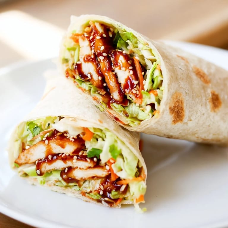 Savory Teriyaki Chicken Wrap served warm with colorful shredded vegetables and a glossy sauce glaze.