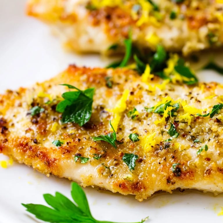 A close-up of Lemon Pepper Chicken showcases tender, juicy meat and flecks of black pepper and lemon zest.
