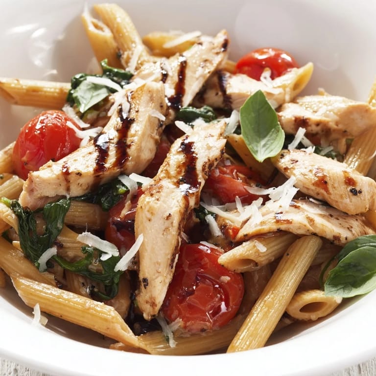 A close-up of a savory Balsamic Glazed Chicken Pasta plate, topped with fresh basil and shaved Parmesan, ready for a delicious dinner.  