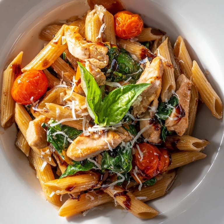 Savory Balsamic Glazed Chicken Pasta features al dente noodles, juicy chicken, and a vibrant sauce with garlic and herbs.