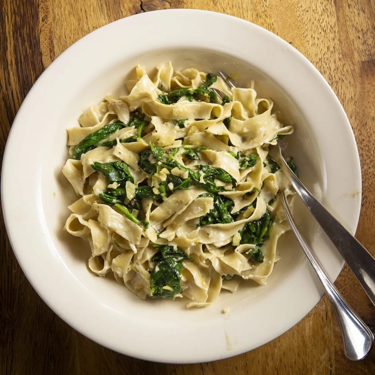 A skillet of Creamy Spinach Garlic Noodles with sautéed onions, spinach, and optional red pepper flakes.