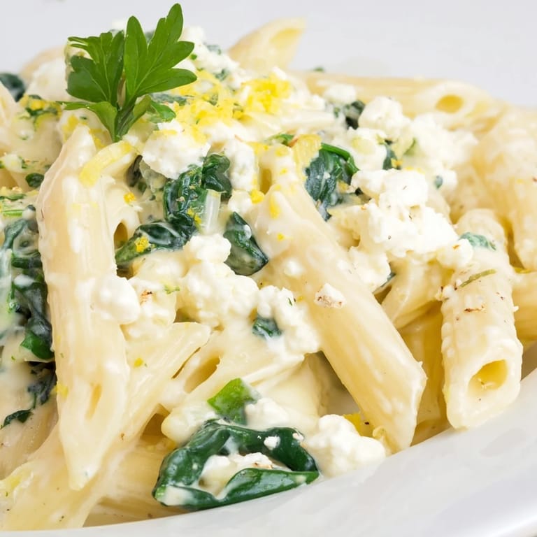Steaming bowl of Creamy Feta Spinach Pasta garnished with fresh basil and lemon zest, served alongside a glass of crisp white wine.