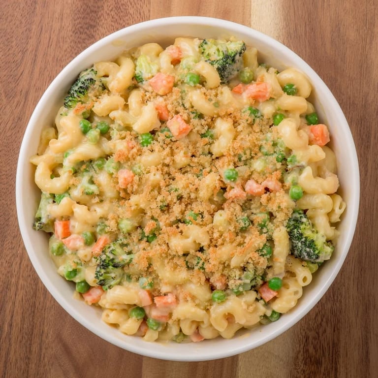 A close-up of creamy Garden Veg Mac and Cheese showing tender vegetable pieces in a rich cheese sauce, perfect for a comforting family dinner.  