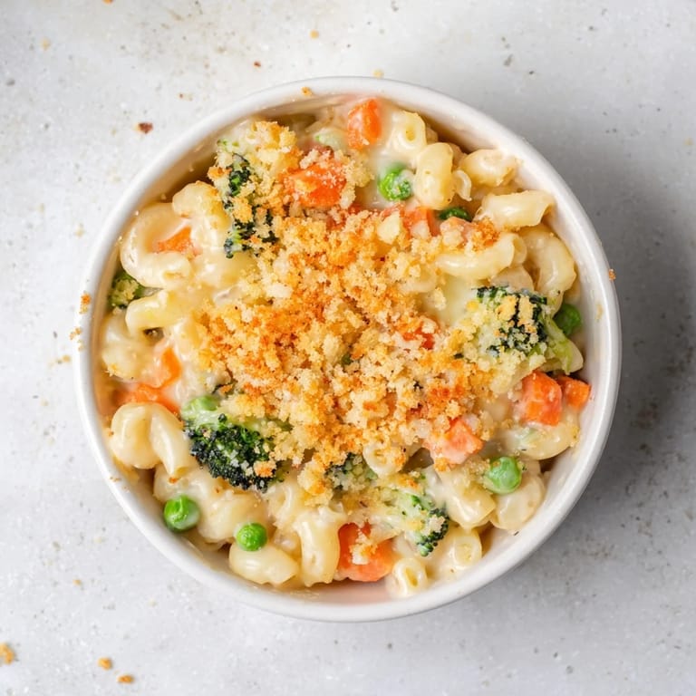 Garden Veg Mac and Cheese served hot from the oven in a white baking dish, garnished with fresh parsley for a bright, appetizing finish.