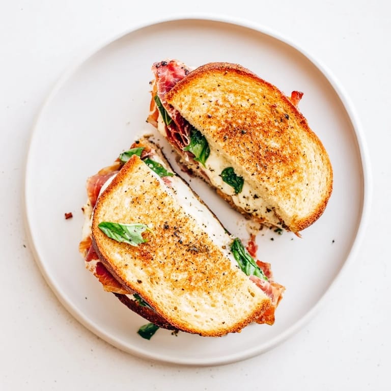 A close-up of the crispy prosciutto and burrata grilled cheese, showcasing the melted cheese and golden bread.