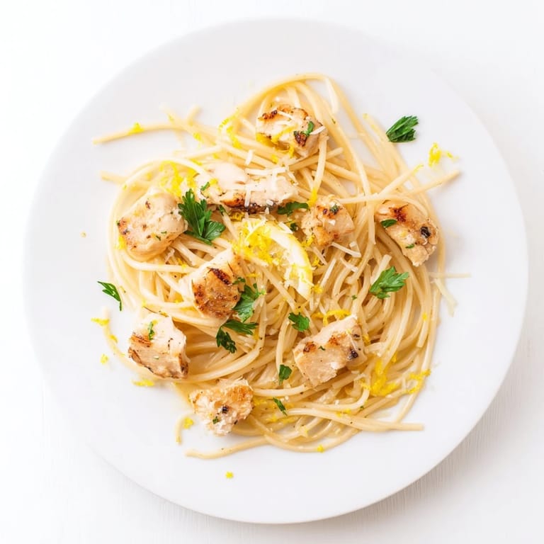 A close-up of Brown Butter Lemon Chicken Pasta in a skillet, showcasing glistening noodles, tender seared chicken, and melted Parmesan cheese.