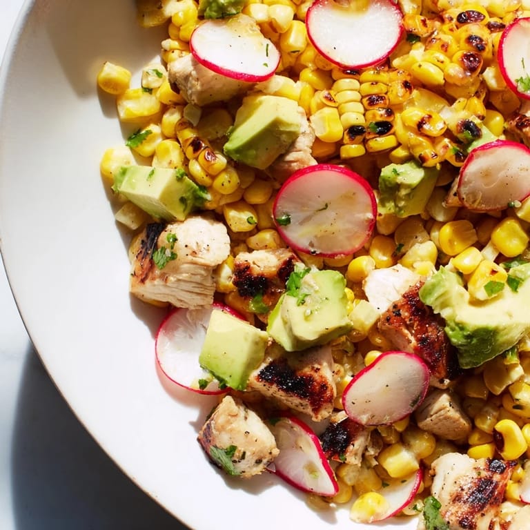 Serve this refreshing Roasted Corn & Chicken Chopped Salad for a light lunch or dinner, packed with juicy tomatoes, red onion, and avocado.