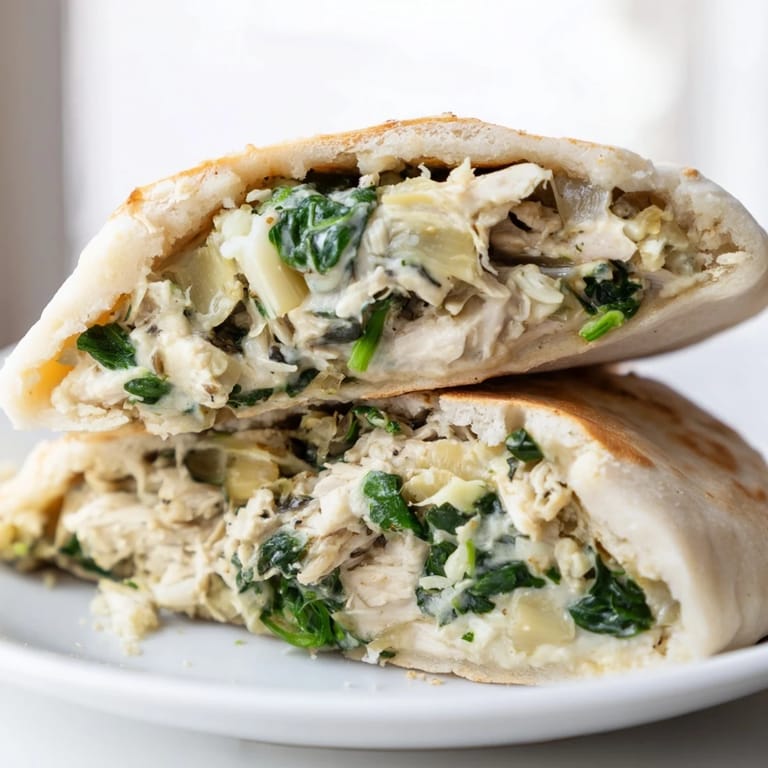 Warm, melted mozzarella and Parmesan cheese peek out from fluffy pita breads, filled with spinach artichoke chicken for a hearty dinner.  