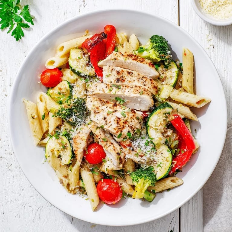 Tender penne pasta tossed with juicy garlic-herb roasted chicken, crisp broccoli, and red onion in a light sauce, topped with grated Parmesan and fresh parsley for an easy weeknight dinner.