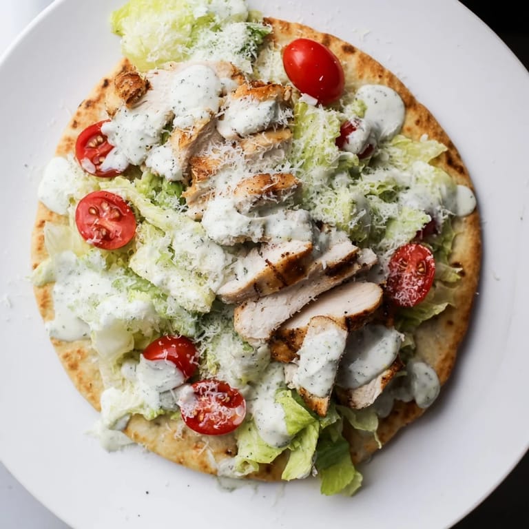 Serving suggestion for Caesar Chicken Flatbread with lemon wedges and extra Parmesan shavings on a rustic plate.